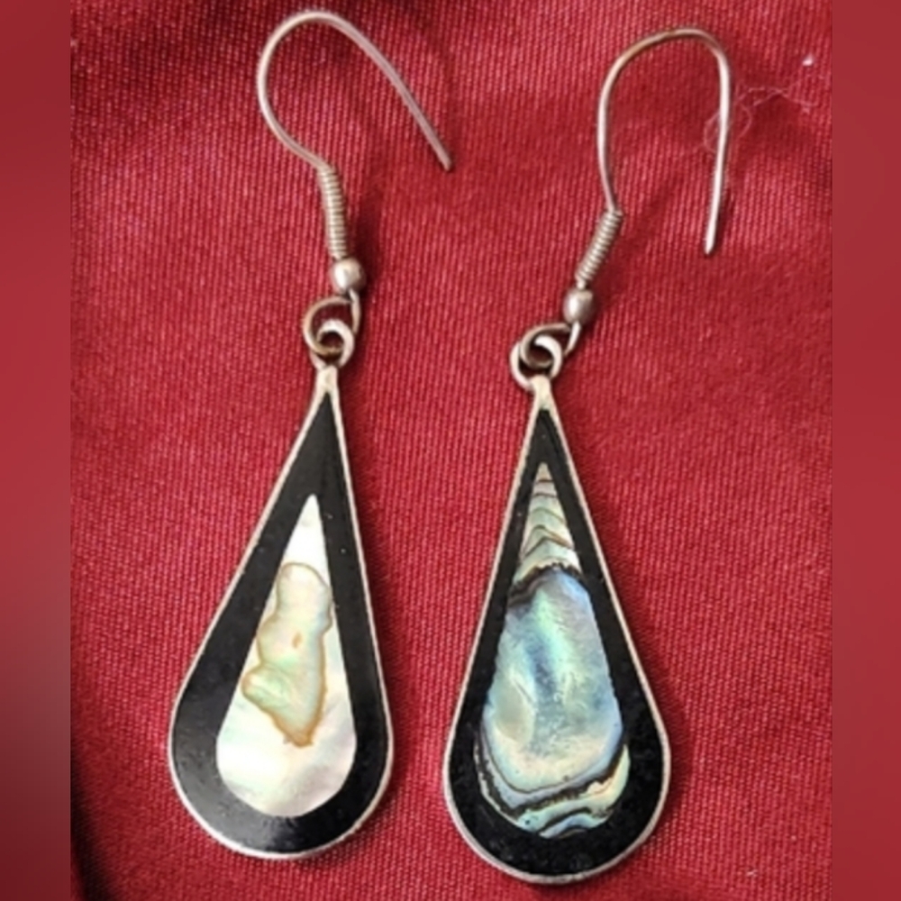 Teardrop Shaped Pierced Mexico Silver Inlaid Black Onyx & Abilonee Earrings